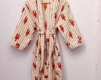 Women cotton summer kimono dress, Night robes, Bathrobe with belt