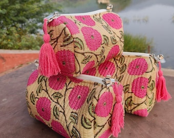 Cotton quilted toiletry bag , cosmetic pouch, 3 set vanity bag gifted item