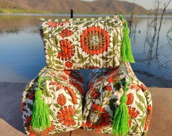 Quilted toiletry bag , cotton cosmetic pouch, 3 pcs gifted item