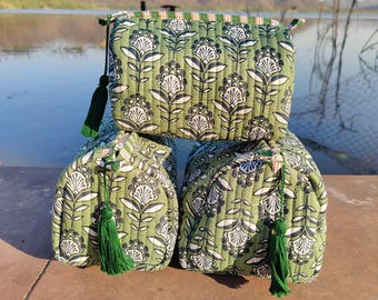 Quilted cotton cosmetic bag set,  Makeup pouch 3 pcs gifted item