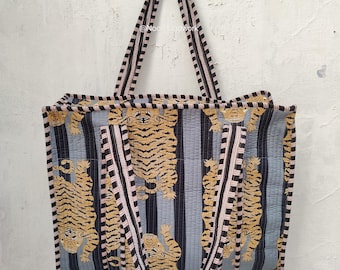 Quilted Cotton Tote Bag: Tiger Design, Handmade Travel Bag