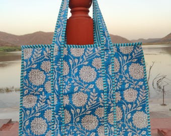 Handmade Cotton Quilted Tote Bag: Floral Print Party Bag