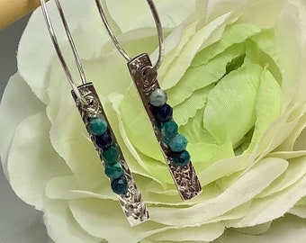 Silver Hoop Earrings with Chrysocolla Beads