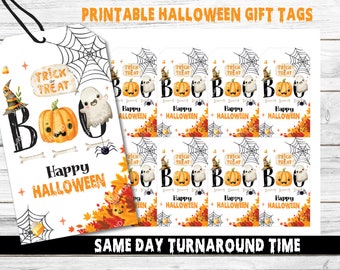 以下が含まれることがあります： 「Boo」と「Happy Halloween」の文字が入った、幽霊とカボチャのイラストが描かれた、印刷可能なハロウィンのギフトタグです。