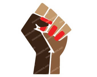 May include: A graphic illustration of a raised fist, symbolizing solidarity. The fist is depicted in shades of brown and tan, with red nail polish on the fingers. The design is set against a white background.
