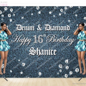 denim and diamonds backdrop, denim theme party, diamond banner, denim & diamonds, denim diamond decor, custom denim party, sweet 16 backdrop