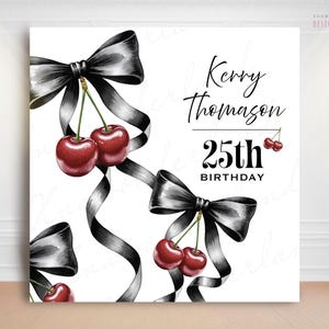 Custom Black Bow Cherry Birthday backdrop, Minimalist Black Bow Birthday party decor, Black Ribbon Coquette party theme, watercolor ribbon