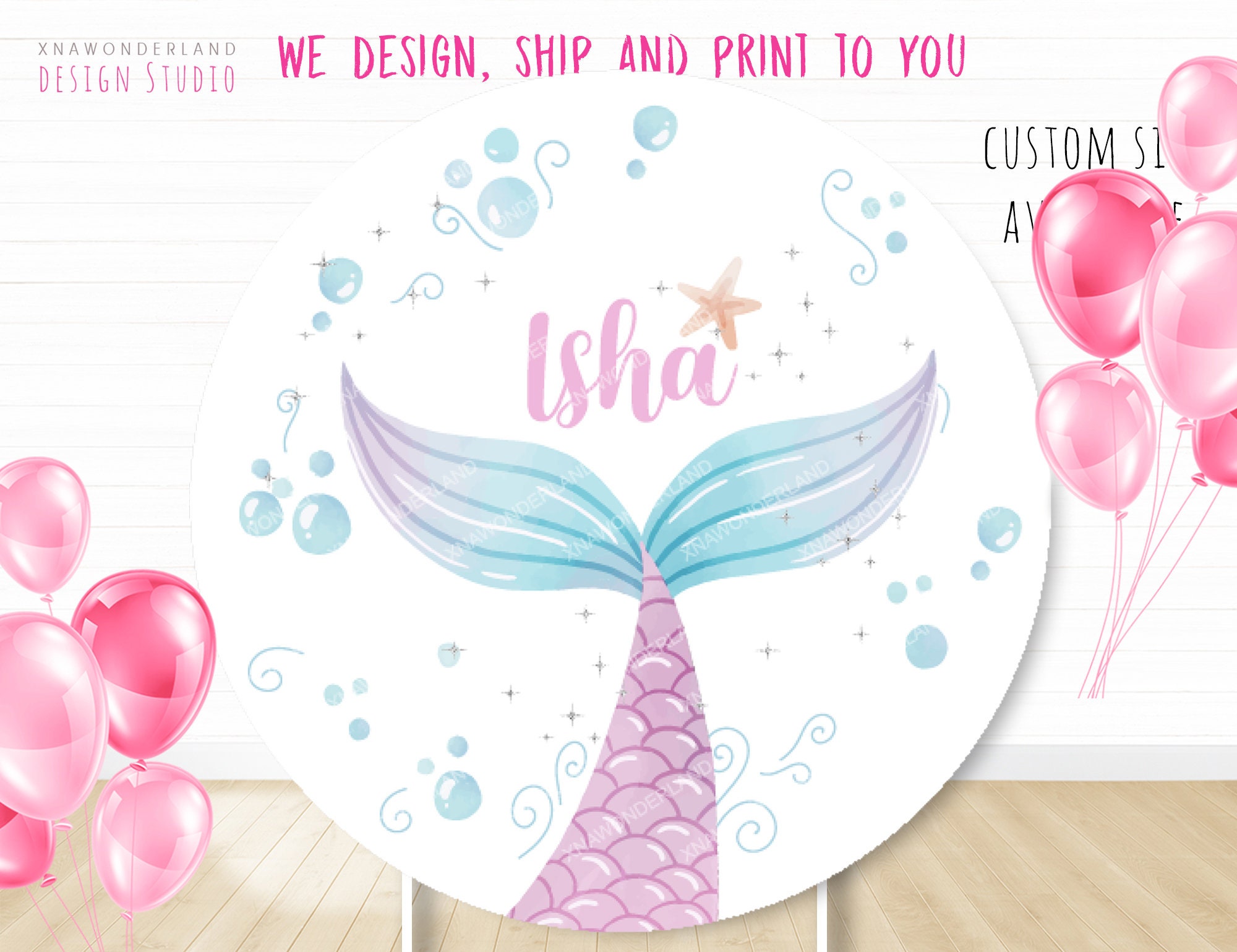 mermaid party backdrop, round mermaid backdrop cover, mermaid round stand cover, girl first mermaid birthday, custom mermaid party decor