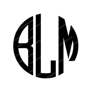 May include: Black and white monogram design with the letters "BLM" in a circle.