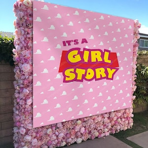 it's a girl story, girl story backdrop, boy story backdrop, girl story banner, girl pink baby shower, baby girl shower, baby shower decor