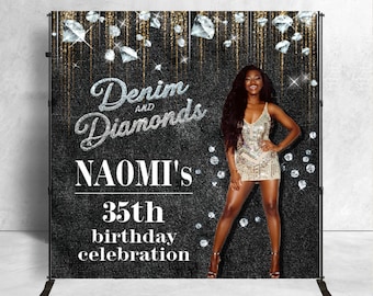 denim and diamonds backdrop, glitter denim theme party banner, denim diamond decor party sign, custom denim party, denim blink sweet 16 png