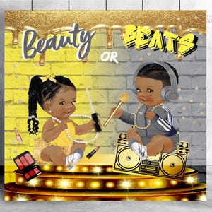 beauty or beats baby shower backdrop, gender reveal shower banner, hip hop gender reveal party decor, hip hop yellow grey party decor sign
