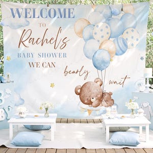 Teddy Bear baby shower backdrop,  We Can Bearly Wait Boy Baby Shower, baby shower wall decor, Boho Hot Air Balloons decor, It&#39;s a Boy decor