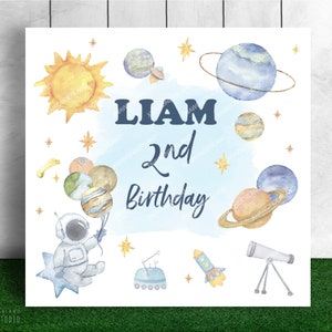 watercolor Astronaut outer space birthday backdrop, 1st trip around sun, planet galaxy space banner party decor, first trip around the sun