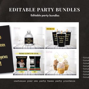 K&ouml;nnte beinhalten: Editierbares Party-Druckpaket in Schwarz und Gold. Das Paket beinhaltet eine personalisierte Einladung oder Dankeskarte, Wasserflaschenetiketten, Geschenkanh&auml;nger, Cupcake-Topper, Essensschilder und ein Willkommenszeichen. Alle Artikel sind anpassbar.