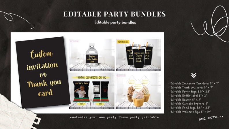 K&ouml;nnte beinhalten: Editierbares Party-Druckpaket in Schwarz und Gold. Das Paket beinhaltet eine personalisierte Einladung oder Dankeskarte, Wasserflaschenetiketten, Geschenkanh&auml;nger, Cupcake-Topper, Essensschilder und ein Willkommenszeichen. Alle Artikel sind anpassbar.