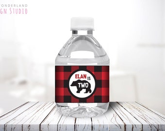 lumberjack water bottle label, custom mini water bottle label, red plaid label, lumberjack birthday label, bear water bottle label, birthday