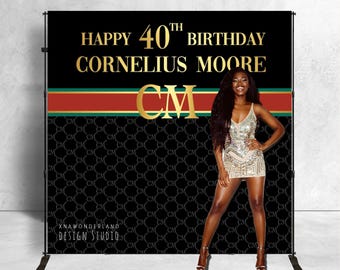 custom black gold party photo backdrop, black gold birthday party decor, red green gold decor, step repeat prom backdrop, glam luxury party