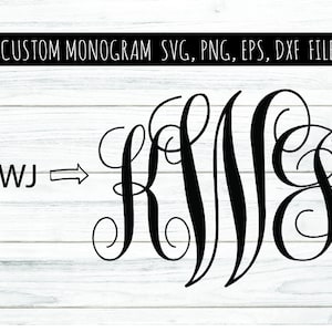 May include: A monogram design with the letters K, W, and J in a cursive font. The letters are intertwined and the design is in black. The text "CUSTOM MONOGRAM SVG, PNG, EPS, DXF FILE" is at the top of the image. The text "KWJ" is at the bottom left of the image with an arrow pointing to the right.