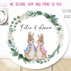 custom name Peter rabbit round backdrop, Peter rabbit party banner, peter rabbit birthday decor, Peter rabbit twin party photo background