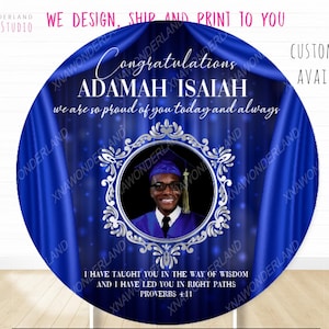 custom bible verse royal blue graduation round backdrop, photo graduation background, class of 2025 party decor, 2025 graduates celebration