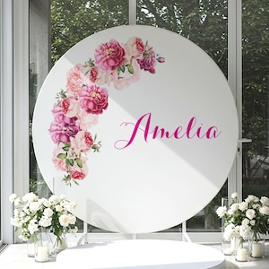 custom round backdrop cover, custom circle backdrop, custom arch stand cover, personalized round backdrop, customize round stand cover