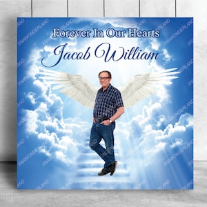 forever in our hearts backdrop, memorial photo backdrop, picture memorial sign, blue sky heave background, in loving memory celebrate life