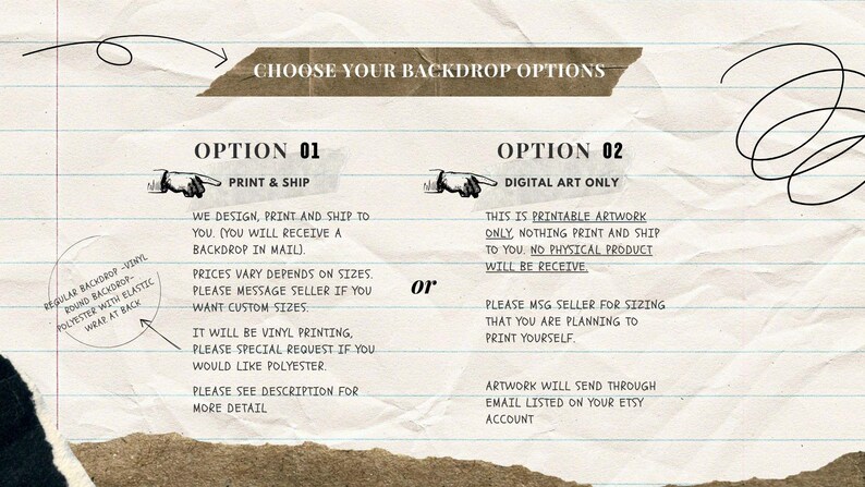 K&ouml;nnte beinhalten: Eine Grafik mit zwei Optionen f&uuml;r den Kauf eines Hintergrunds. Option 1 ist "Drucken & Versenden" und Option 2 ist "Nur digitale Kunst". Der Text beschreibt die Details der einzelnen Optionen.