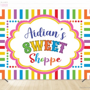 Sweet shoppe Backdrop, rainbow stripes Banner sign, Candy Party Sweet Shoppe, Cotton Candy Birthday decor, sweet candy girls birthday party