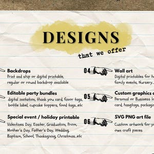 K&ouml;nnte beinhalten: Eine Liste von angebotenen Design-Dienstleistungen, darunter Hintergr&uuml;nde, bearbeitbare Party-Pakete, spezielle Event- und Feiertags-Drucke, Wandkunst, individuelles Grafikdesign und SVG PNG-Dateien. Der Text "Designs that we offer" steht oben auf der Liste.