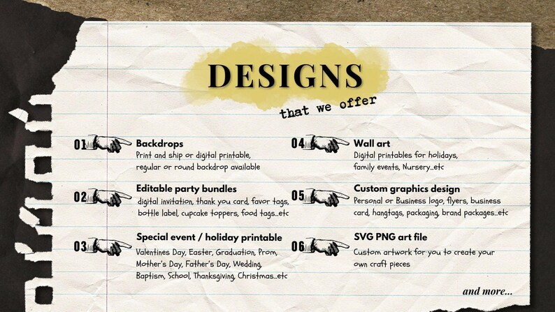 K&ouml;nnte beinhalten: Eine Liste von angebotenen Design-Dienstleistungen, darunter Hintergr&uuml;nde, bearbeitbare Party-Pakete, spezielle Event- und Feiertags-Drucke, Wandkunst, individuelles Grafikdesign und SVG PNG-Dateien. Der Text "Designs that we offer" steht oben auf der Liste.
