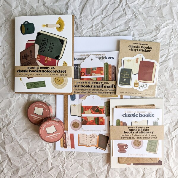 Classic Books Stationery Collection, Snail Mail Kit, Note Cards, Notebook, Mini Stationery Set, and Washi Tape