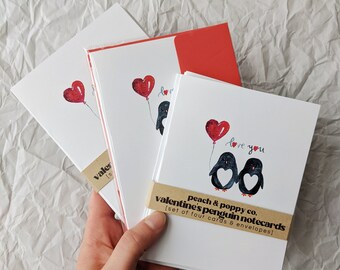 Valentine's Penguins Blank Note Card Set A2 "Love You" Watercolor Illustration Greeting Card