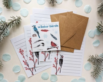 Tiny Winter Birds Stationery Set, Mini Snail Mail Kit, Miniature Letter Writing Set Bird Painting