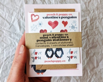 Tiny Valentine's Penguin Stationery Set, Mini Snail Mail Kit, Miniature Letter Writing Set Heart Illustration