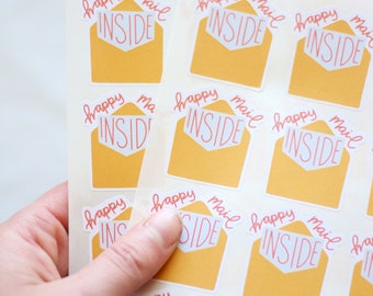 Happy Mail Inside - Yellow Packaging Stickers Labels for Small Business and Snail Mail