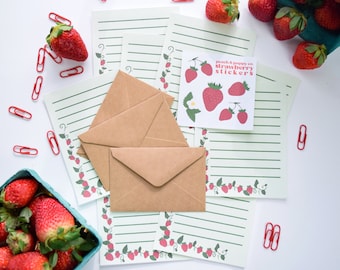 Tiny Strawberry Stationery Set, Mini Snail Mail Kit, Miniature Letter Writing Set Strawberries