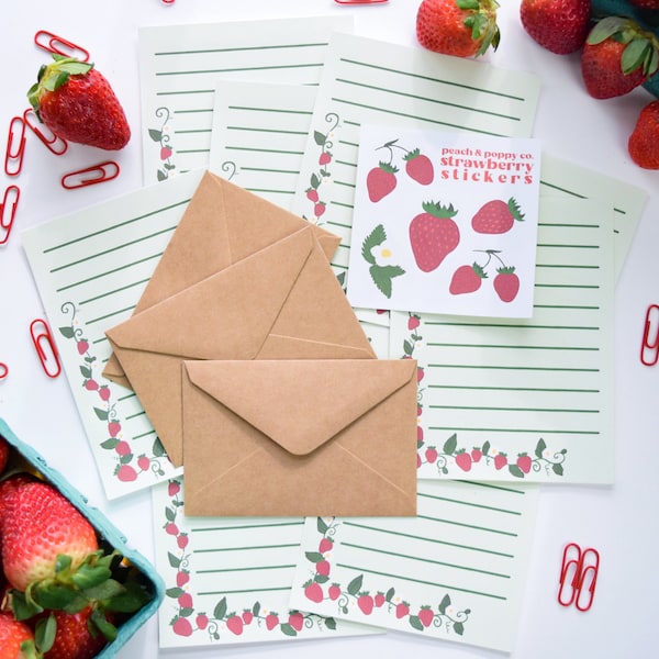 Tiny Strawberry Stationery Set, Mini Snail Mail Kit, Miniature Letter Writing Set Strawberries