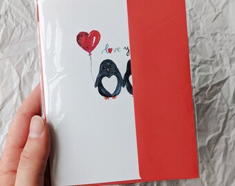 Valentine's Penguins Blank Note Card Single A2 "Love You" Watercolor Illustration Greeting Card