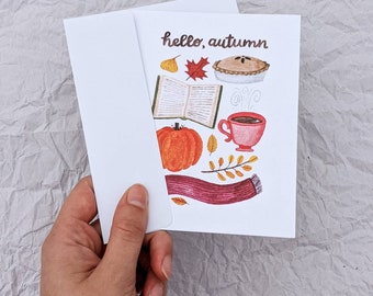 Autumn Essentials Blank Note Card Set A2 Fall Watercolor Illustration Greeting Card