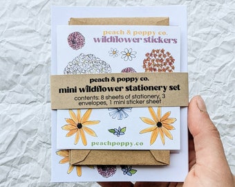 Tiny Wildflower Stationery Set, Mini Snail Mail Kit, Miniature Letter Writing Set Floral Illustration