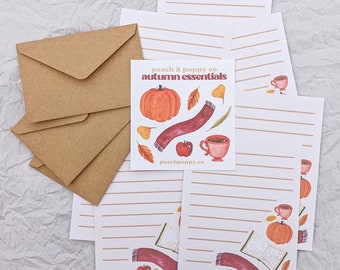 Tiny Autumn Essentials Stationery Set, Mini Snail Mail Kit, Miniature Letter Writing Set Fall Illustration