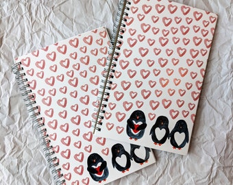 Penguins & Hearts Spiral Bound Lined Notebook, Valentine's Day Stationery