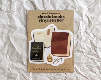 Classic Books Illustrated Sticker, Water bottle Sticker, Vinyl Laptop Waterproof Sticker Decal, Bookworm Gift