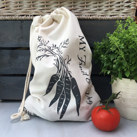Eco Friendly Organic Cotton Produce Storage Bag Hand Printed In The Uk