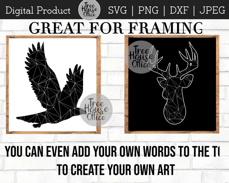 May include: Two black and white geometric animal illustrations, a bird and a deer, in separate frames. The text "GREAT FOR FRAMING" is above the frames. The text "YOU CAN EVEN ADD YOUR OWN WORDS TO THE" and "TO CREATE YOUR OWN ART" is below the frames.