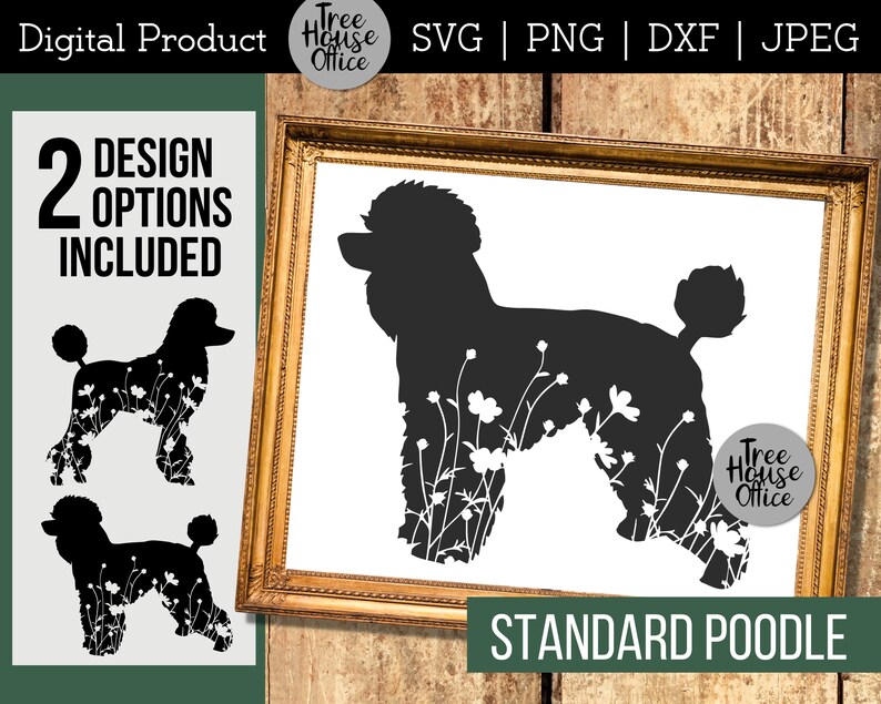 Floral Standard Poodle Dog SVG Digital Files features two different poodle designs with wildflowers inside the dog silhouette.