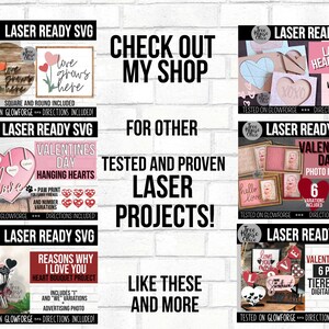 Other Valentines Day Laser SVG projects are shown available for purchase from Tree House Office.  SVG File is great for lasering in Glowforge or other C02 laser cutters.