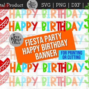 Op de afbeelding: Een kleurrijke, printbare banner met de tekst "Fiesta Party Happy Birthday Banner" en de woorden "Happy Birthday" die vier keer worden herhaald. De banner heeft sombrero- en cactus-uitsnijdingen.