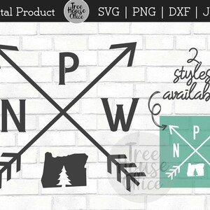 May include: Black and white compass design with arrows pointing north, south, east, and west. The letters N, S, E, and W are displayed. The compass is overlaid on a state of Oregon outline. The text "2 styles available" is written in cursive.